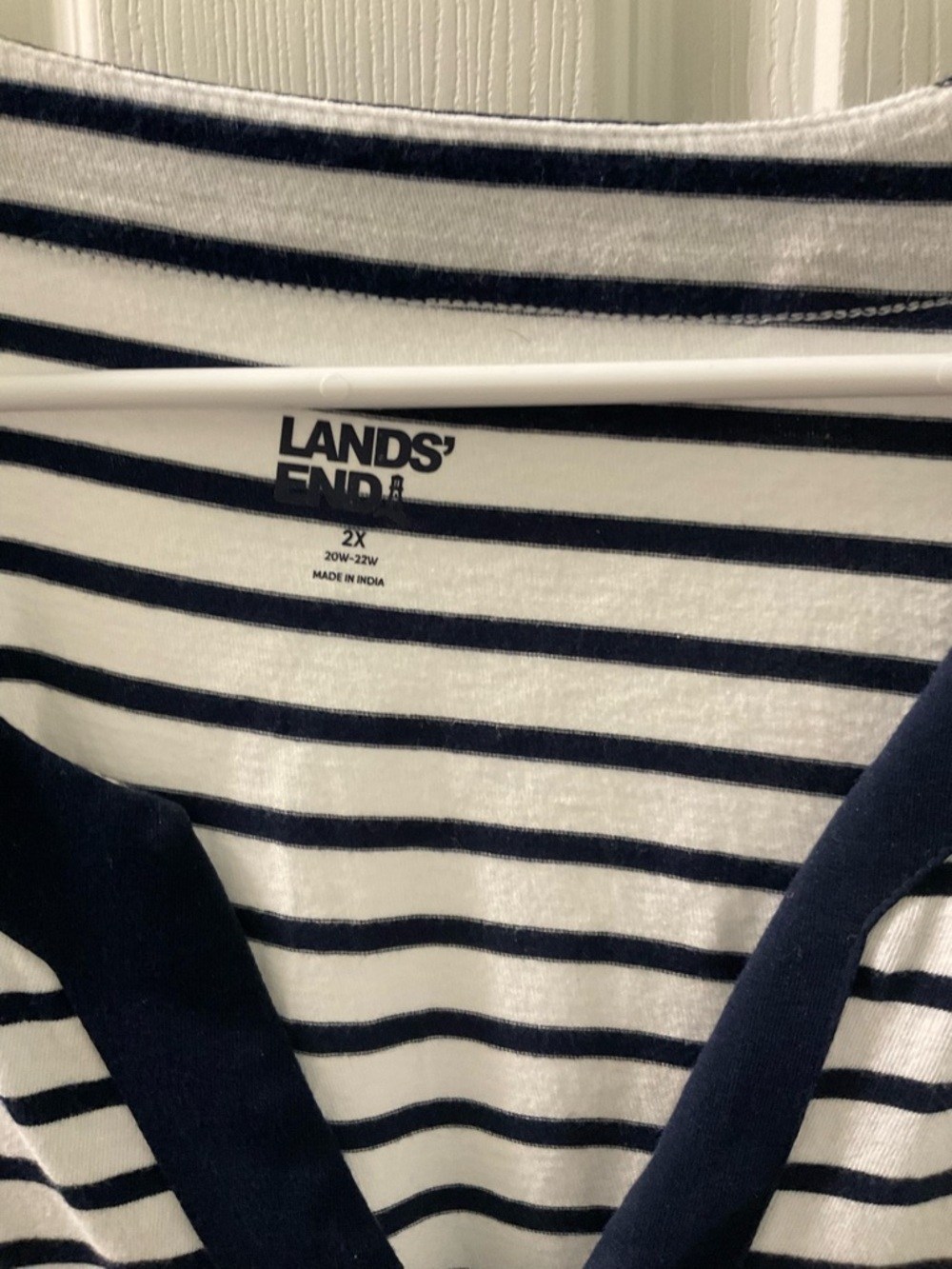 Lands' End White and Navy Striped V-Neck Top